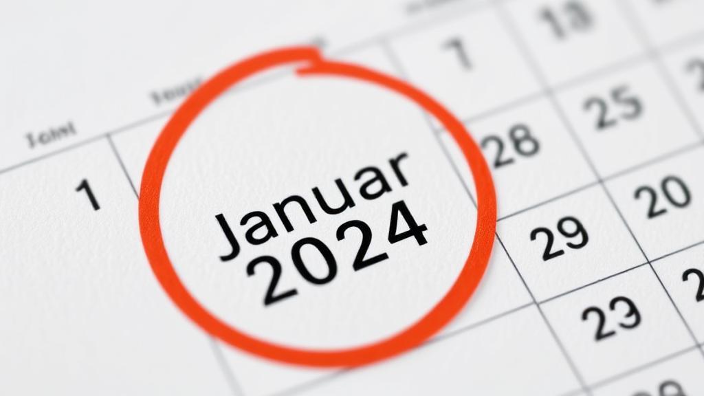 A calendar page highlighting January 2024 with a red circle around the 1st, symbolizing the start of tax season.