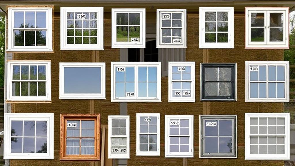 A collage of various window styles and materials, each labeled with price tags, set against a backdrop of a house under renovation.