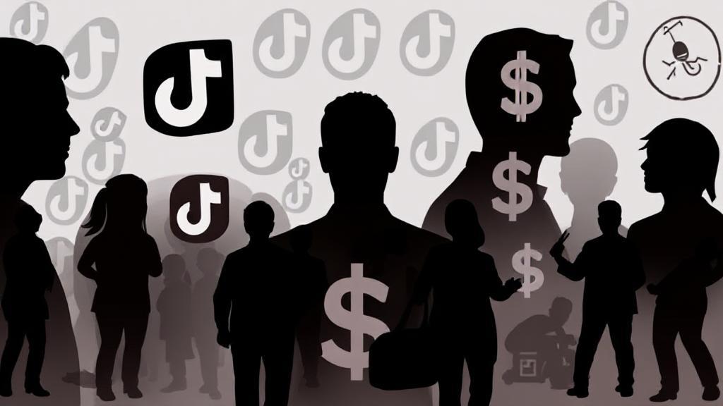 A collage of TikTok icons fading into silhouettes of people, dollar signs, and cultural symbols, illustrating the multifaceted impact of a potential ban.