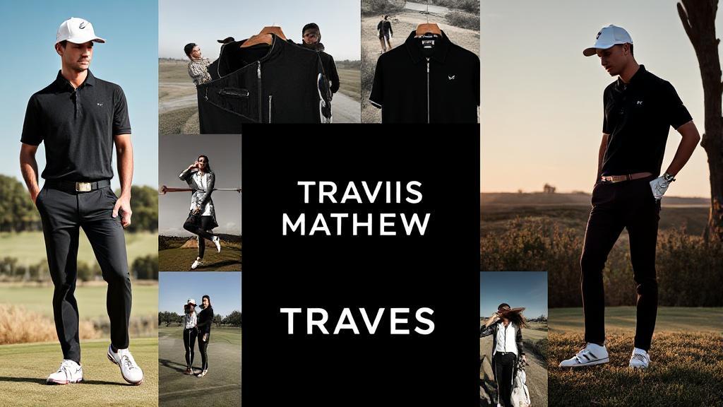 A stylish collage featuring golf apparel and lifestyle scenes, representing the brand identity of Travis Mathew.