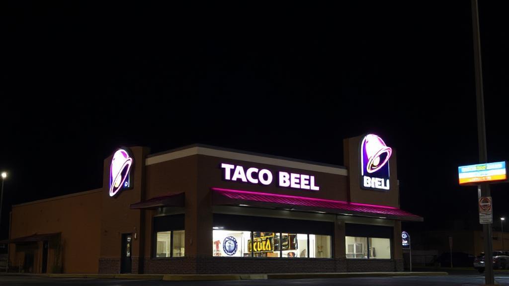 A nighttime image of a Taco Bell restaurant with its illuminated sign, set against a dark sky, symbolizing its closing hours.