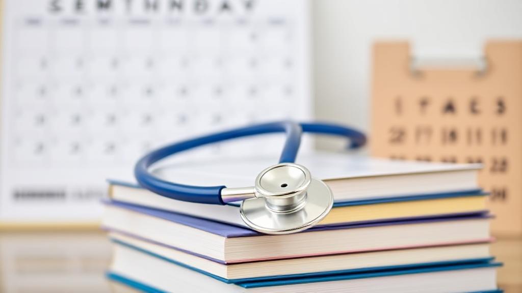 A stethoscope draped over a stack of medical textbooks with a calendar in the background, symbolizing the journey and time commitment to becoming a pediatrician.