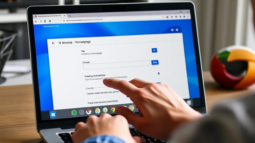 A person adjusting browser settings on a laptop to set a website as the homepage, with various browser icons in the background.