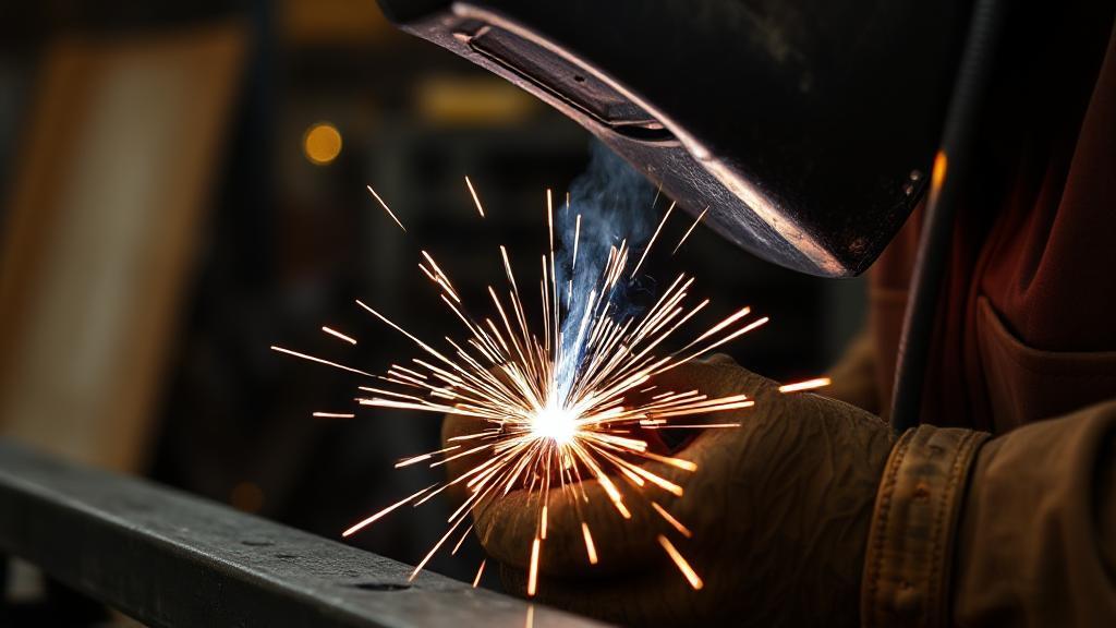 A close-up shot of a welder in action, sparks flying, as they join two metal pieces together in a workshop setting.