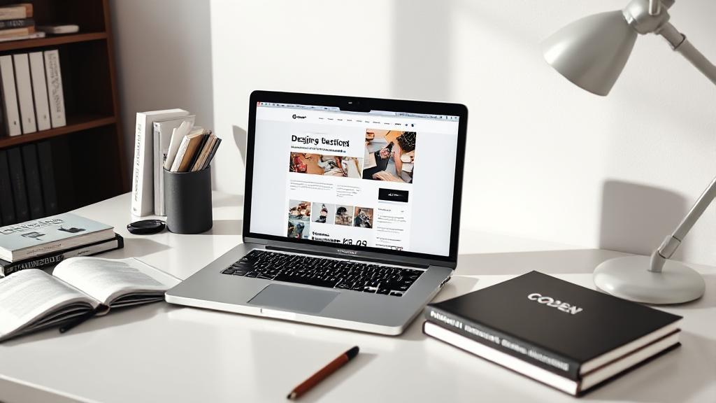 A sleek, modern workspace featuring a laptop displaying a website design, surrounded by coding books and design tools.