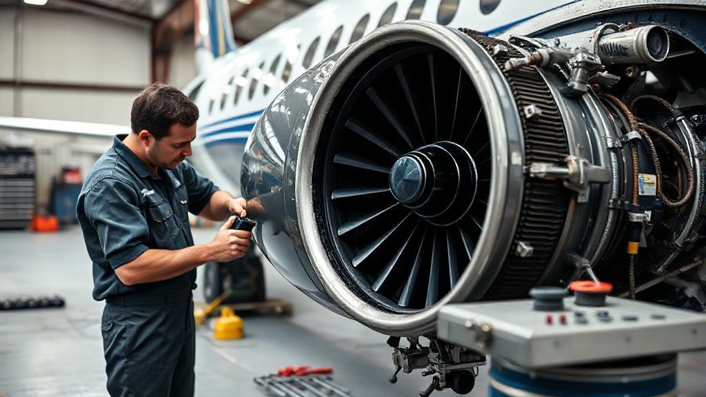 A close-up shot of an aviation mechanic working on an aircraft engine, surrounded by tools and equipment in a hangar.