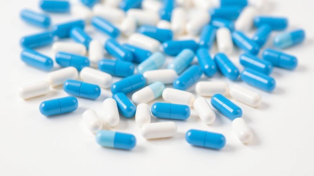 A close-up image of assorted white and blue capsules scattered on a plain background, symbolizing generic medication options.