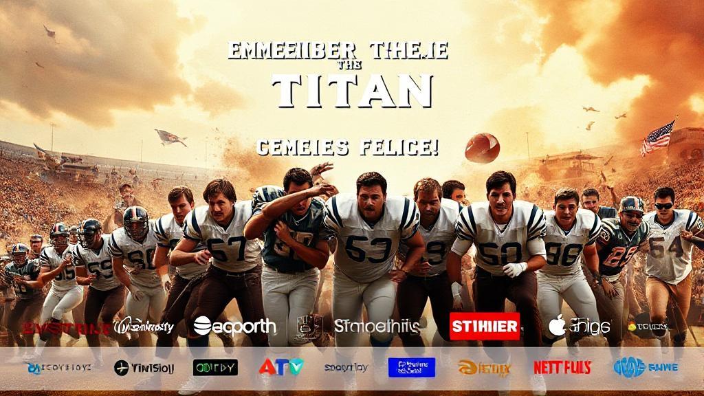 A dynamic collage of scenes from "Remember the Titans," featuring the iconic football team in action and moments of unity, set against a backdrop of streaming platform logos.