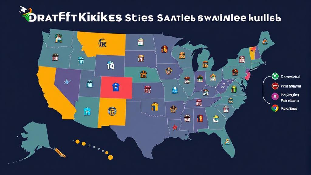 A dynamic map highlighting U.S. states where DraftKings is legally available, overlaid with vibrant icons representing sports and gaming.