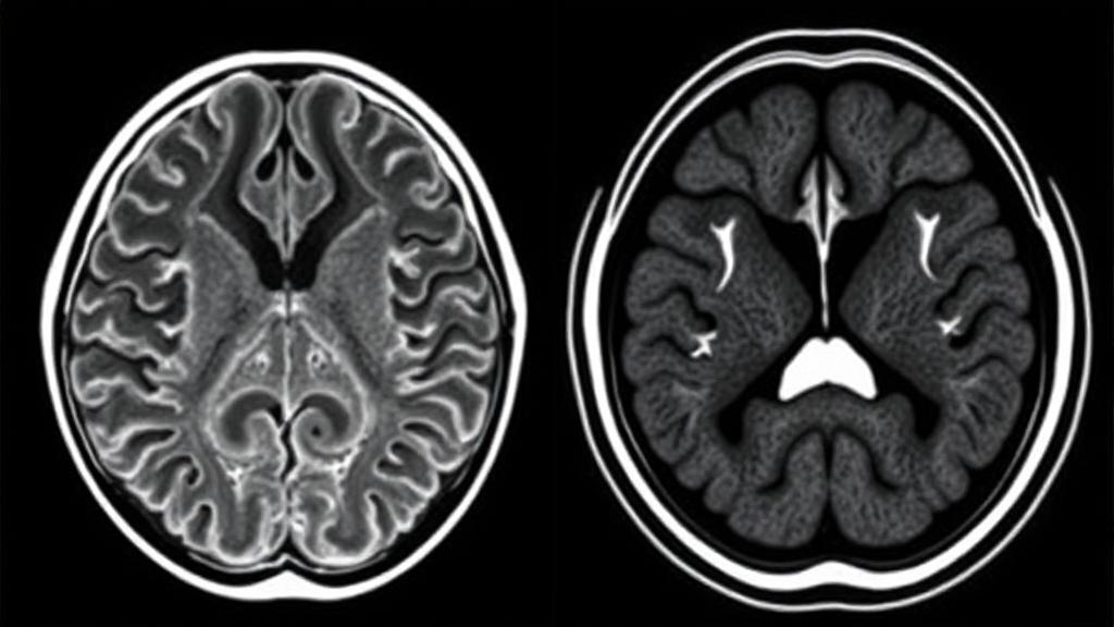 A split image contrasting an MRI scan and a CT scan of a human brain, highlighting the differences in detail and clarity.