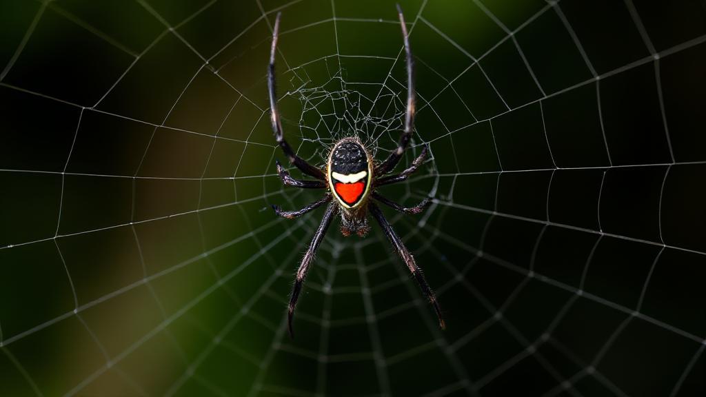 A close-up shot of a black widow spider in its web, highlighting its distinctive red hourglass marking against a blurred natural background.