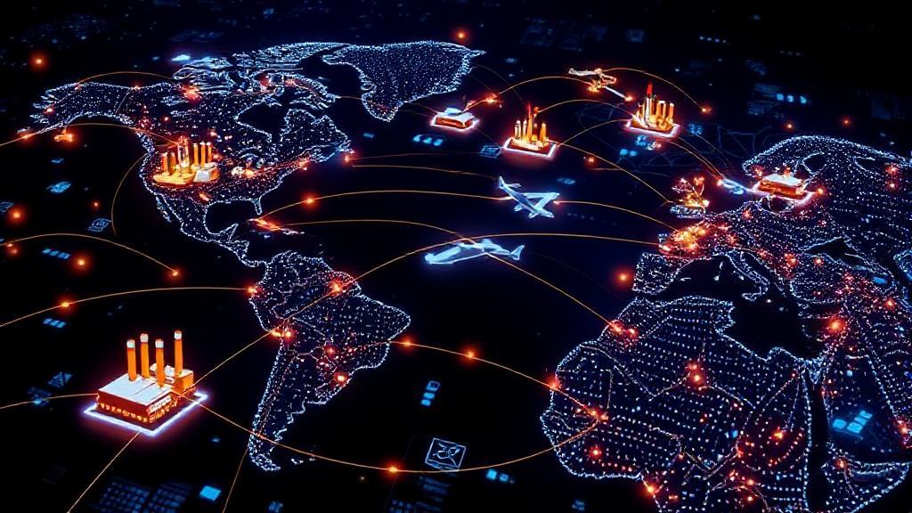 A dynamic illustration of a global network of interconnected factories, transportation routes, and digital data streams representing the complexity and importance of supply chain management.