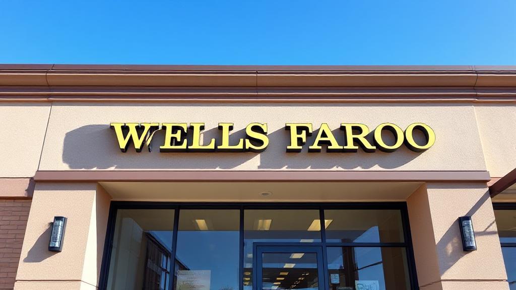 A sleek, modern Wells Fargo branch exterior with clear signage, set against a bright blue sky.