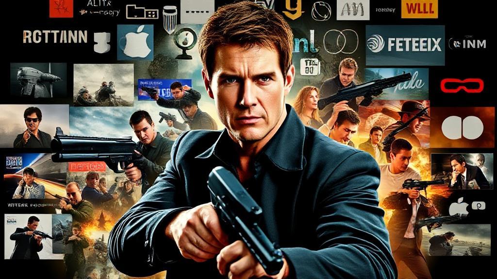 A dynamic collage of iconic action scenes featuring Tom Cruise as Ethan Hunt, set against a backdrop of digital streaming icons.