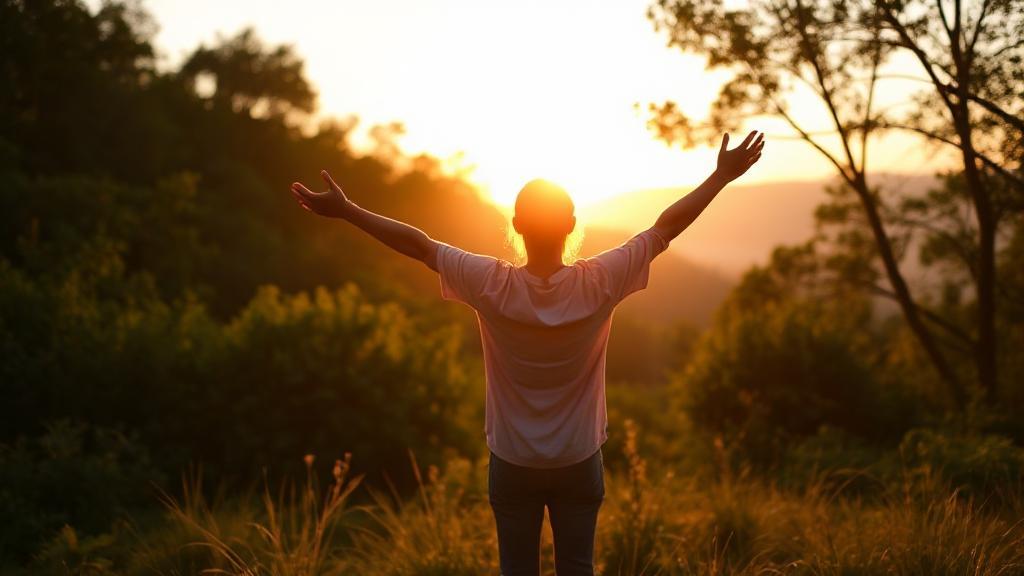 A serene sunrise scene with a person standing in nature, arms outstretched in gratitude, surrounded by soft light and lush greenery.