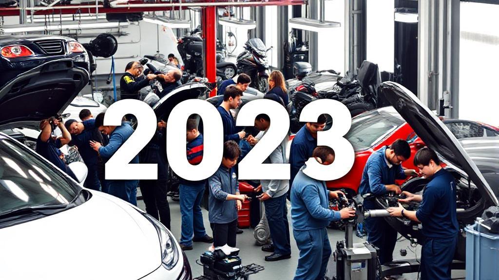 A diverse group of auto mechanics working in a bustling garage, surrounded by tools and vehicles, symbolizing the industry in 2023.