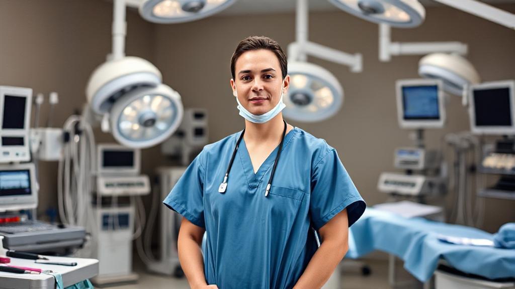 A surgical technologist in scrubs stands confidently in an operating room, surrounded by medical equipment and instruments.