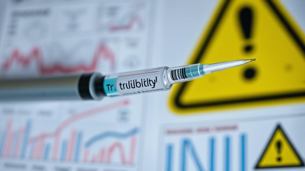 A close-up image of a Trulicity injection pen set against a backdrop of medical charts and warning symbols.