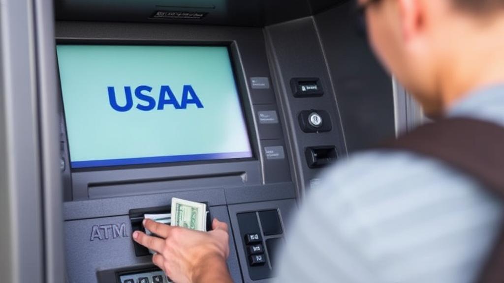A person inserting cash into an ATM with a USAA logo visible on the screen.