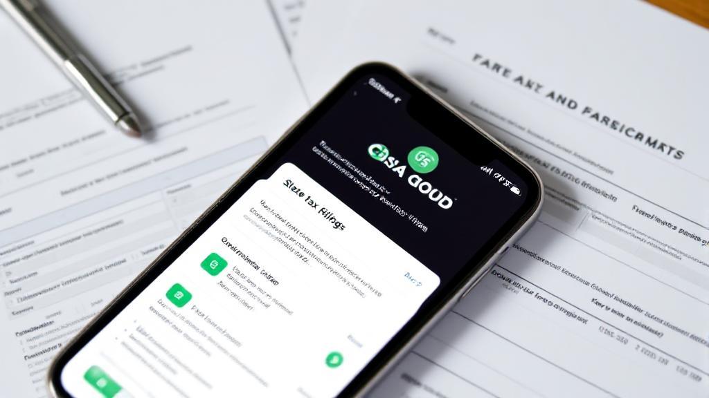 A sleek smartphone displaying the Cash App interface with a focus on the state tax filing feature, set against a backdrop of tax forms and financial documents.