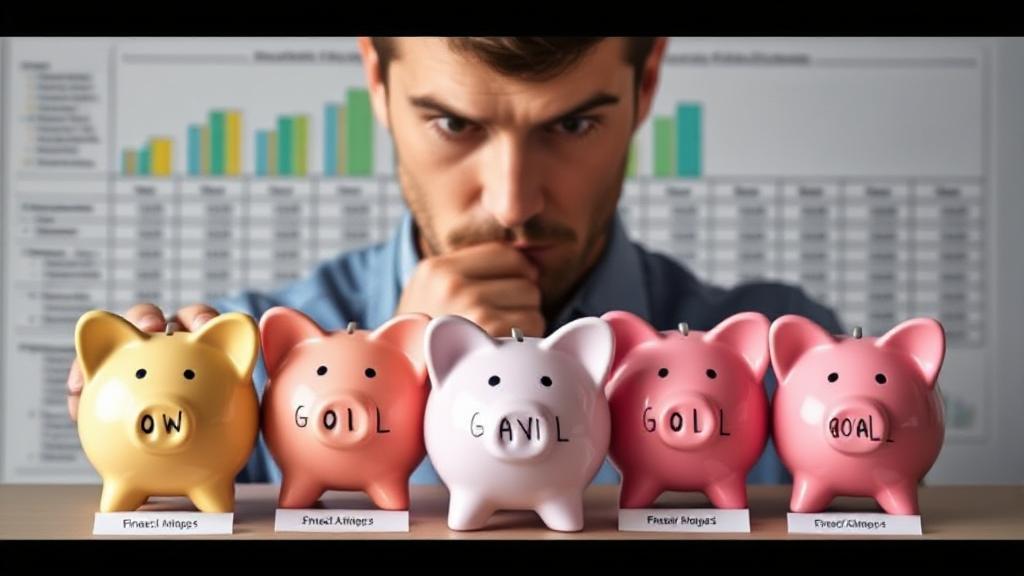 A header image featuring a person thoughtfully examining multiple piggy banks, each labeled with different financial goals, against a backdrop of a financial planning chart.
