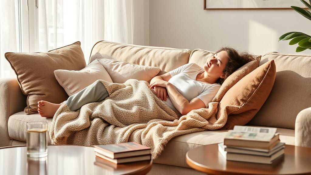 A serene image of a cozy living room with a person resting comfortably on a couch, surrounded by soft pillows and a warm blanket, with a glass of water and a small stack of books on a nearby table.