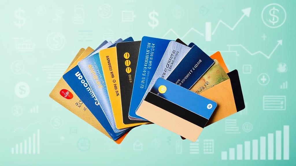A diverse array of credit cards fan out against a backdrop of financial symbols and graphs, illustrating the decision-making process in choosing the right card.