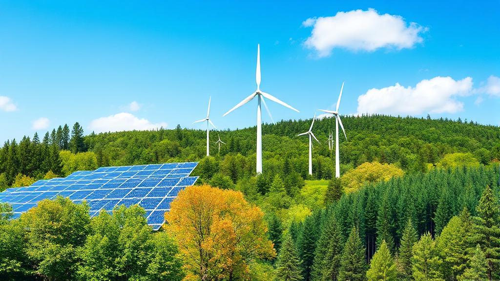 A vibrant collage of solar panels, wind turbines, and lush forests under a clear blue sky, symbolizing diverse renewable resources.