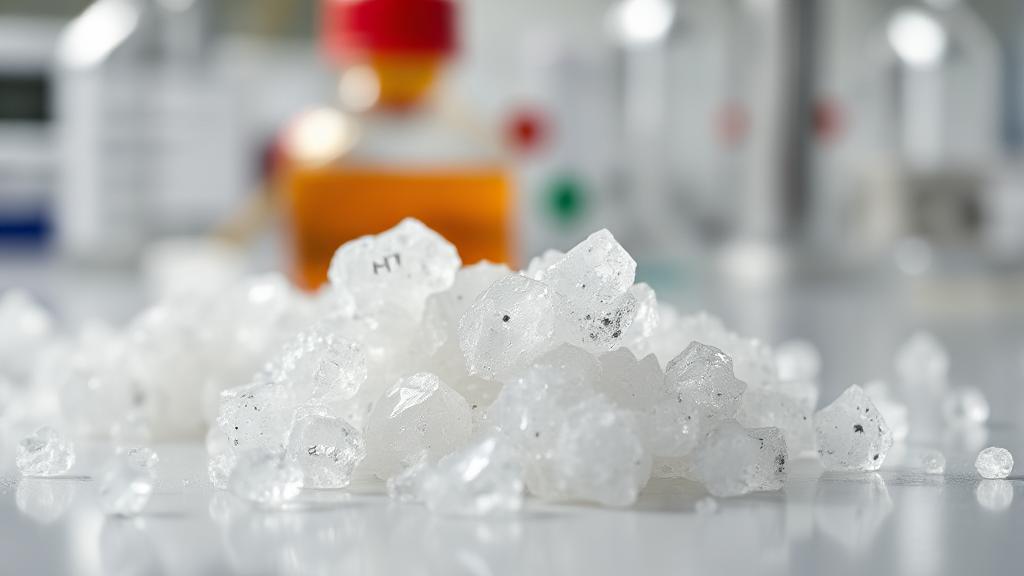 A close-up image of BHT crystals on a laboratory surface, with chemical structures in the background.