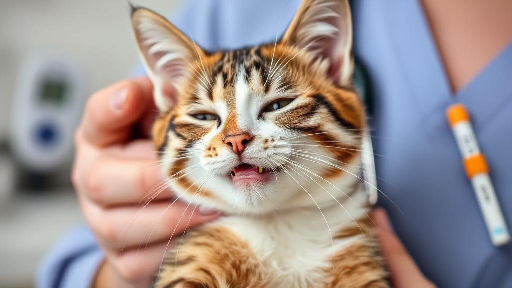 A close-up image of a content cat being gently held by a veterinarian, with a glucose meter and test strip visible in the background.