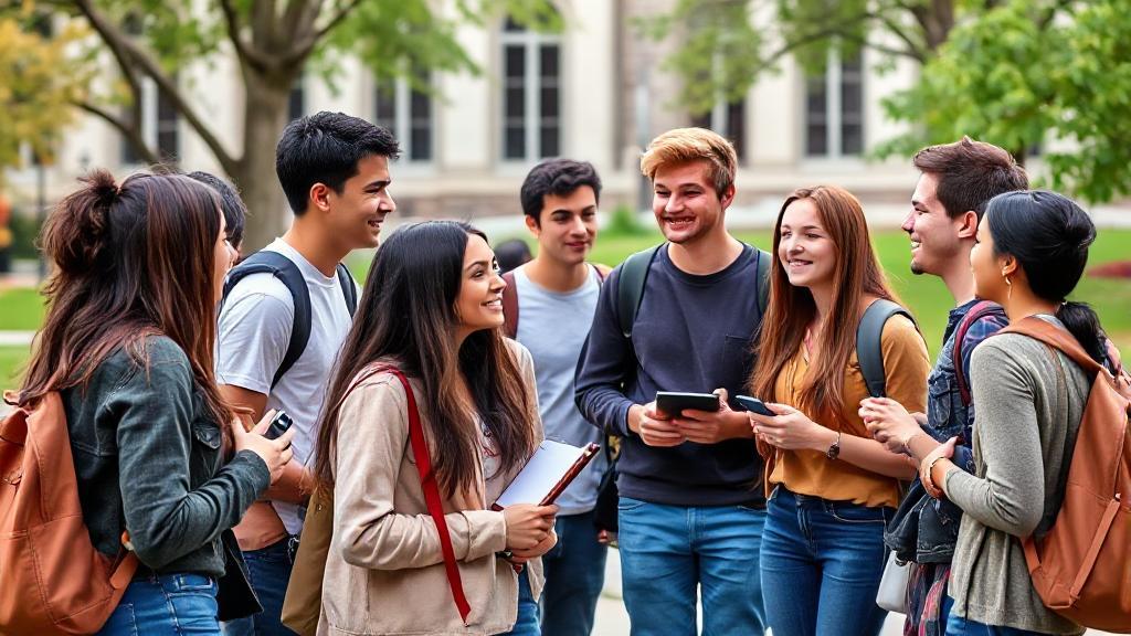 A diverse group of college students engaged in a lively discussion on a university campus, symbolizing the undergraduate experience.