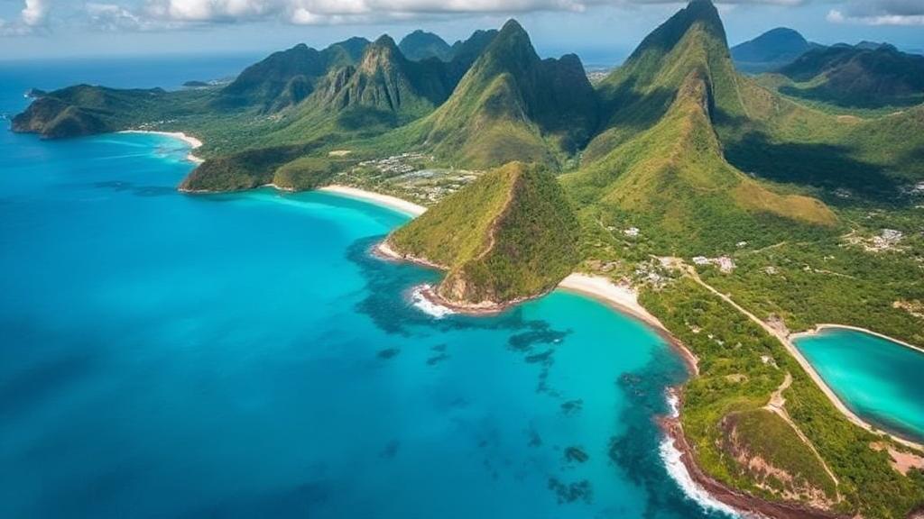 A vibrant aerial view of Saint Lucia's lush landscapes and turquoise coastline, highlighting its Caribbean location.