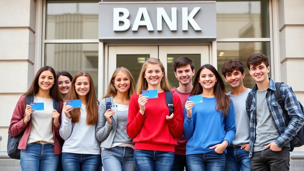 A diverse group of teenagers and young adults standing in front of a bank, each holding a bank card, symbolizing the various minimum age requirements for opening a bank account.
