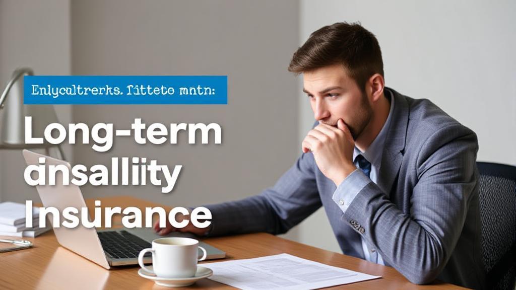 A thoughtful individual reviewing insurance documents at a desk, with a laptop and a cup of coffee nearby, symbolizing the decision-making process for long-term disability insurance.