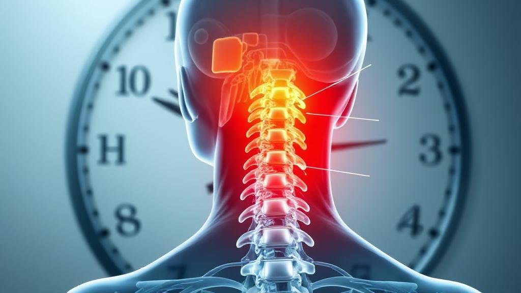 A dynamic illustration of a human neck and spine, highlighting areas commonly affected by whiplash, set against a backdrop of a clock to symbolize time and recovery.