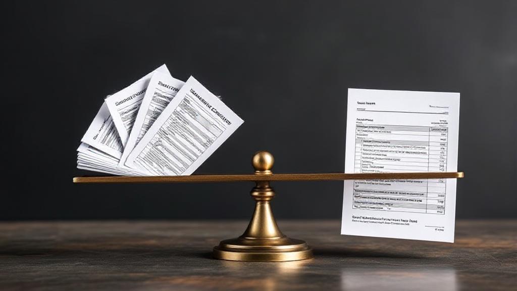 A balanced scale with multiple brokerage account statements on one side and a single statement on the other, symbolizing the decision-making process for choosing the right number of accounts.