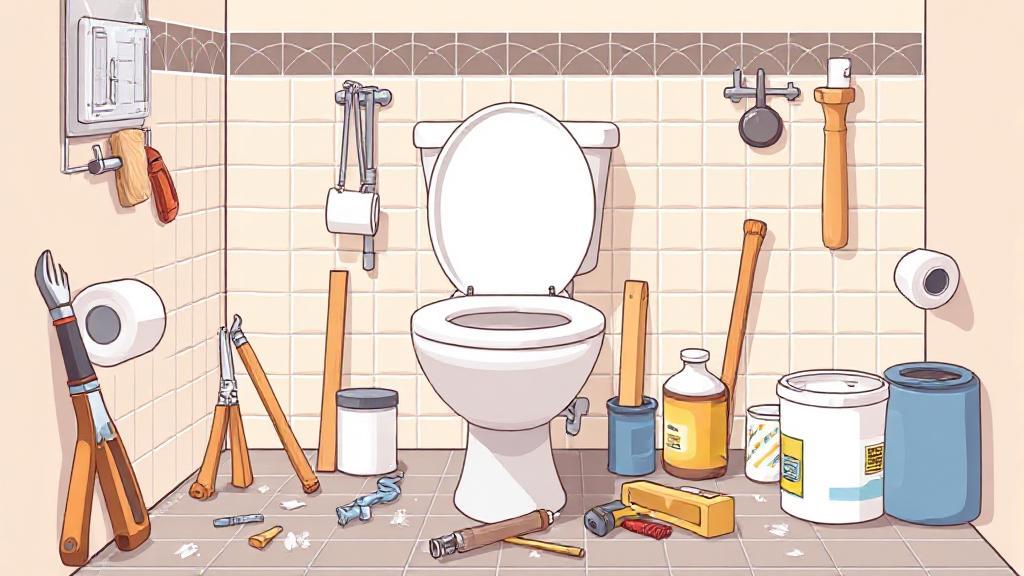 A detailed illustration of a bathroom renovation scene, highlighting tools and materials needed for toilet replacement.