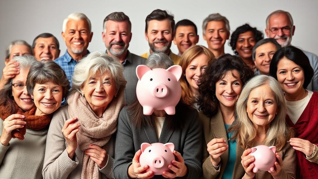 A diverse group of people of varying ages and backgrounds, each holding a piggy bank, symbolizing saving for retirement.