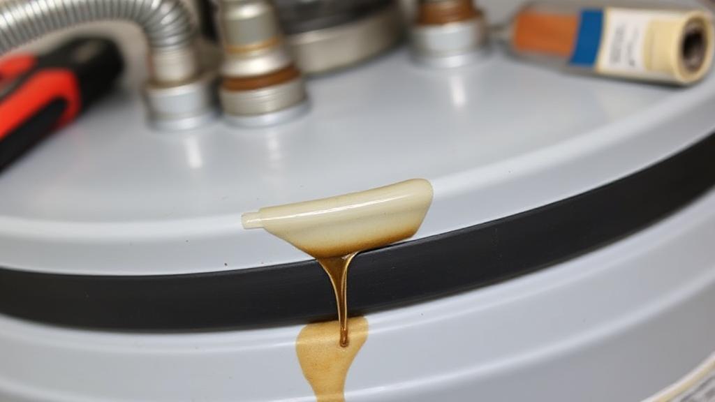 A close-up image of a water heater with a visible leak, surrounded by tools and repair materials.