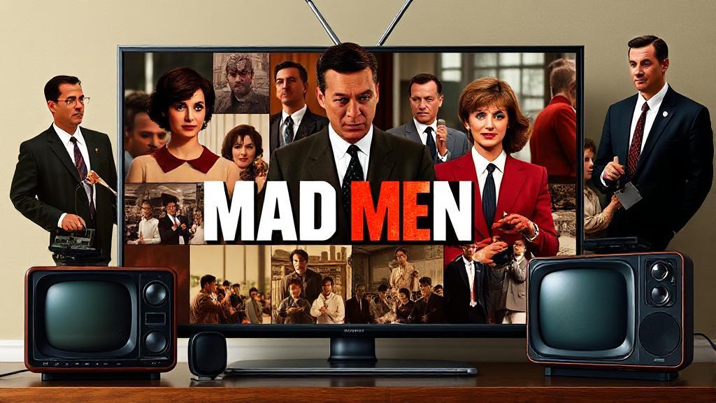 A sleek, vintage-inspired collage featuring iconic scenes and characters from "Mad Men," set against a backdrop of a retro television and streaming devices.
