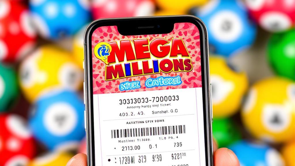 A vibrant image of a smartphone displaying a digital Mega Millions ticket with a background of colorful lottery balls.