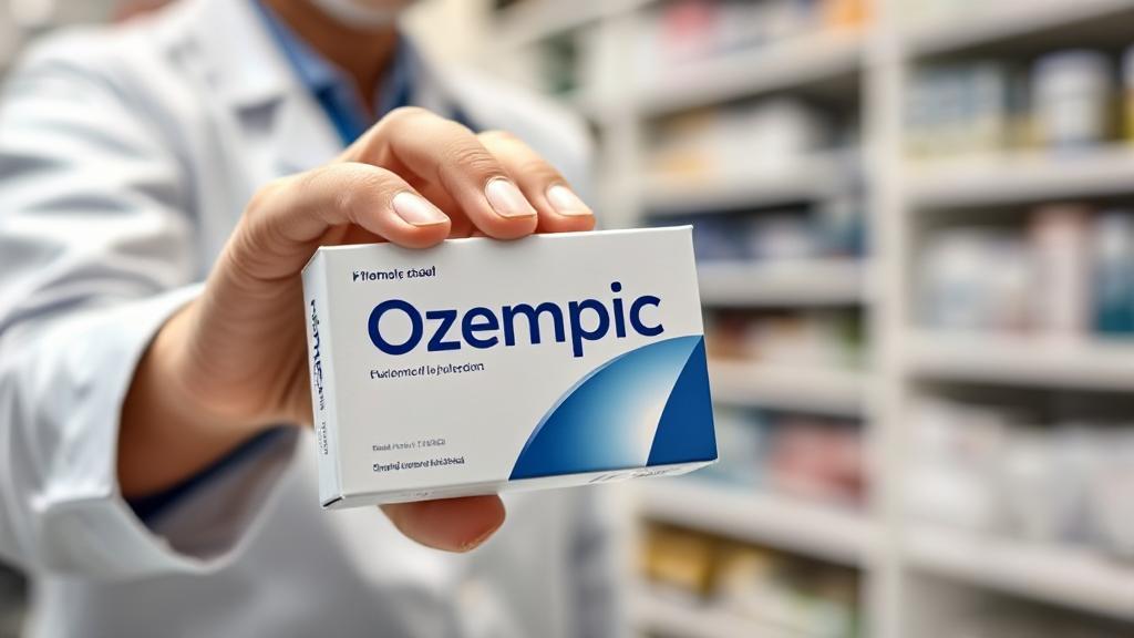 A close-up image of a pharmacist handing a box of Ozempic over a pharmacy counter.