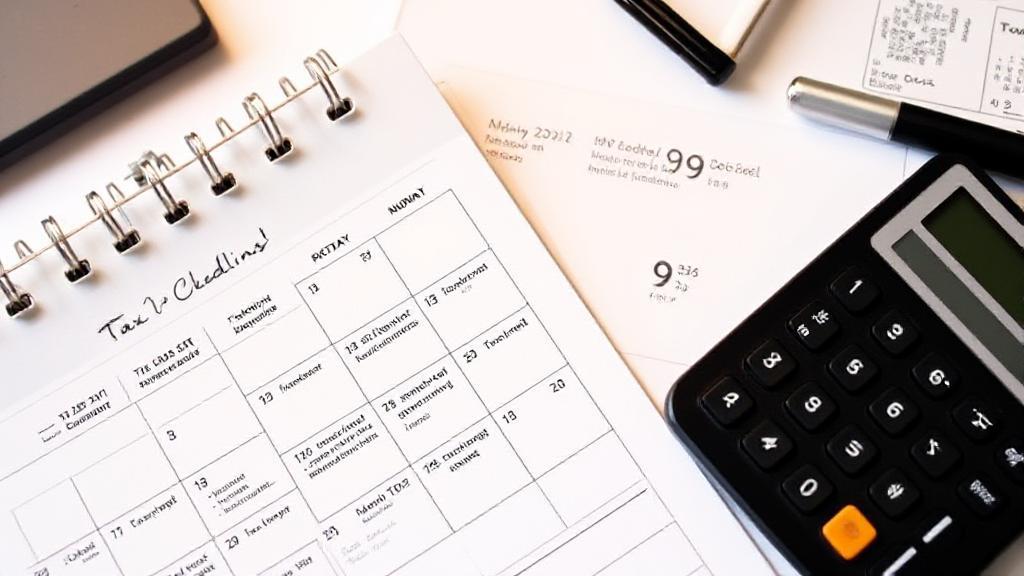 A calendar marked with important tax deadlines and a calculator resting on a desk, symbolizing the crucial dates for business tax filings in 2024.