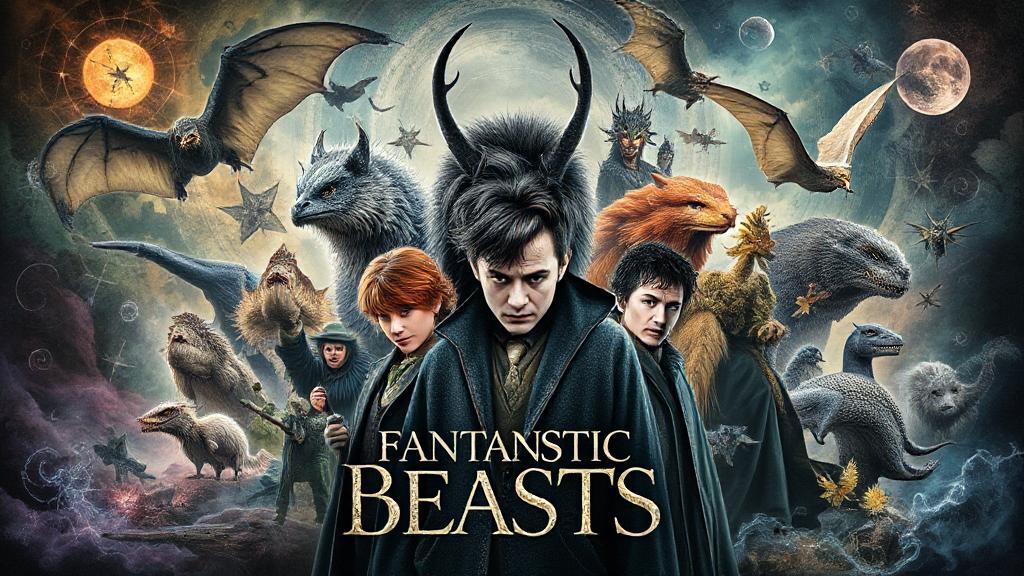 A magical collage featuring iconic creatures and characters from the Fantastic Beasts series set against a backdrop of swirling mystical elements.