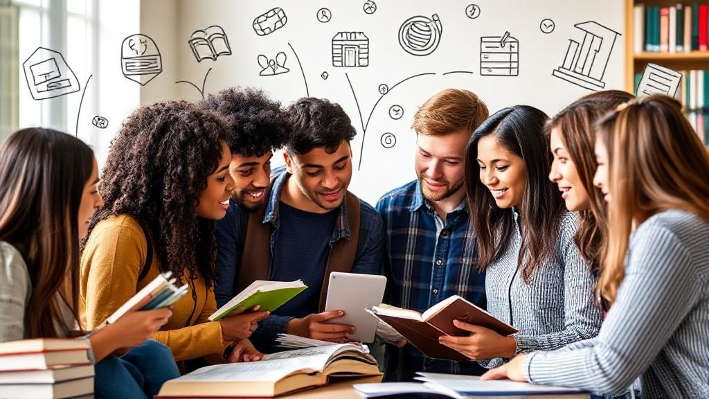 A diverse group of students engaged in research and discussion, surrounded by books and academic symbols, representing the journey of a PhD program.
