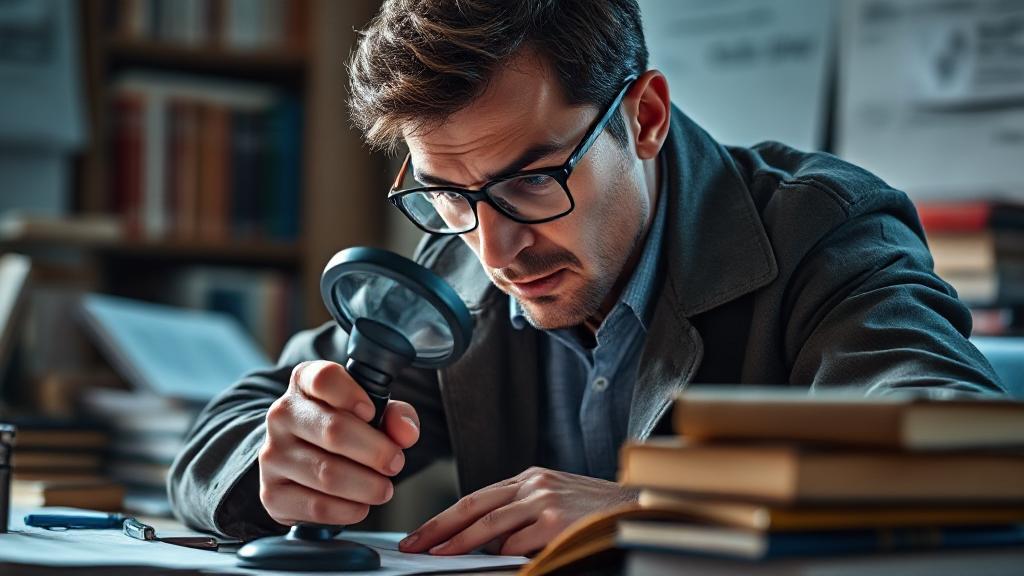A focused detective examining evidence under a magnifying glass, surrounded by books and study materials.