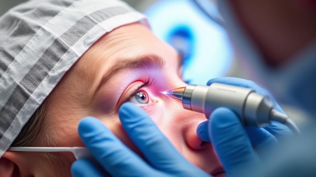A close-up of a patient undergoing LASIK surgery, with a surgeon using a laser device on the eye in a sterile operating room.