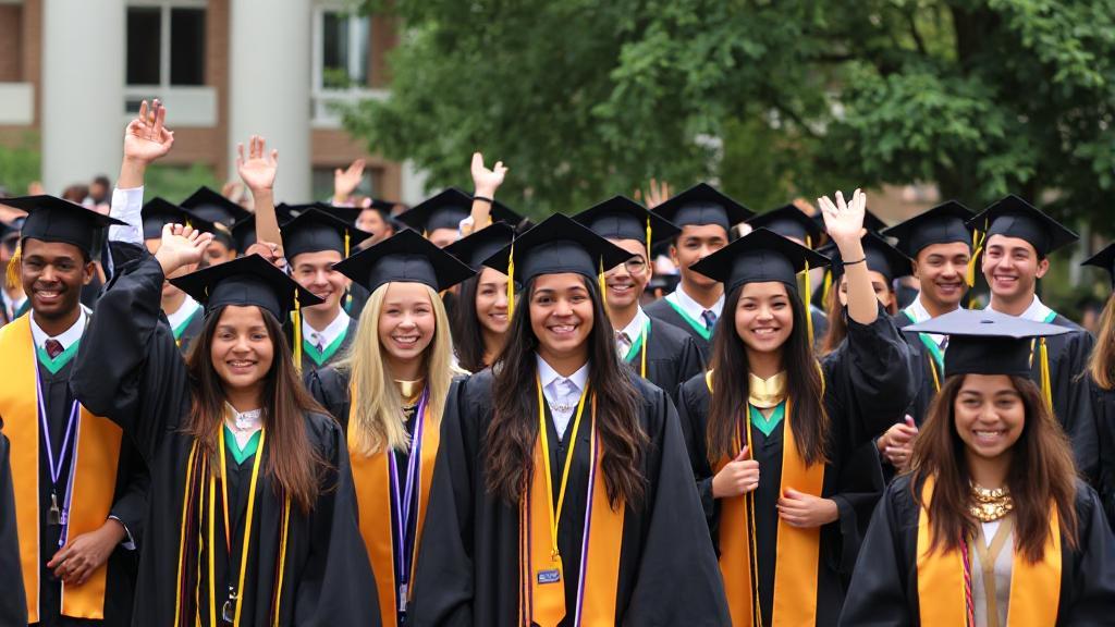 A diverse group of students in graduation caps and gowns celebrating on a university campus.