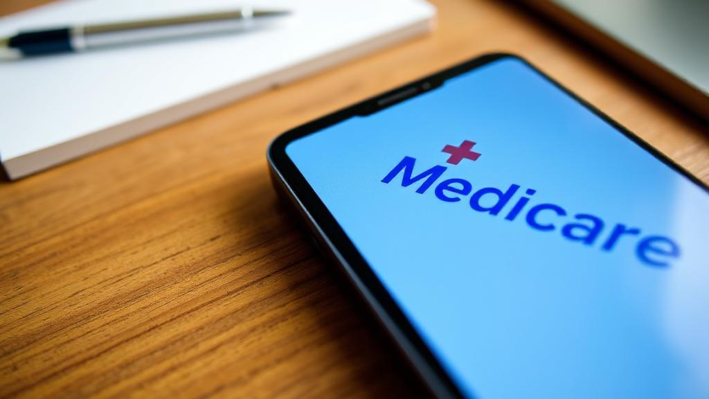 A close-up image of a smartphone displaying the Medicare logo on the screen, set against a background of a wooden desk with a notepad and pen.