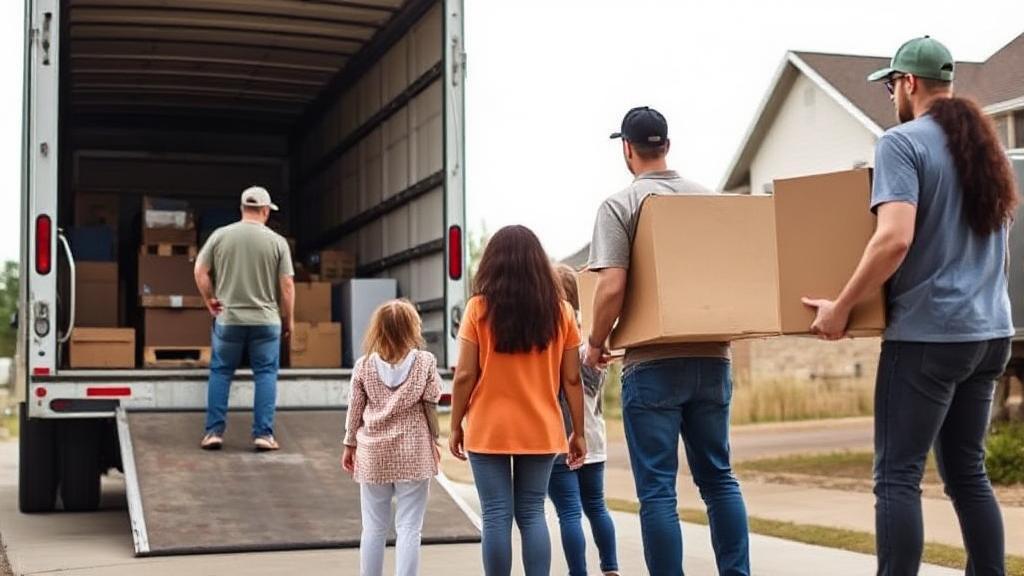 A family watches as professional movers load their belongings into a truck, symbolizing the transition and costs involved in hiring a moving service.
